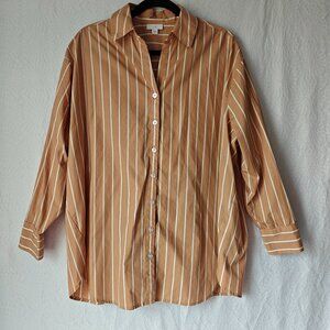 J. JILL Button-Up Oversized Tunic Lagenlook Blouse Brown White Stripes Medium